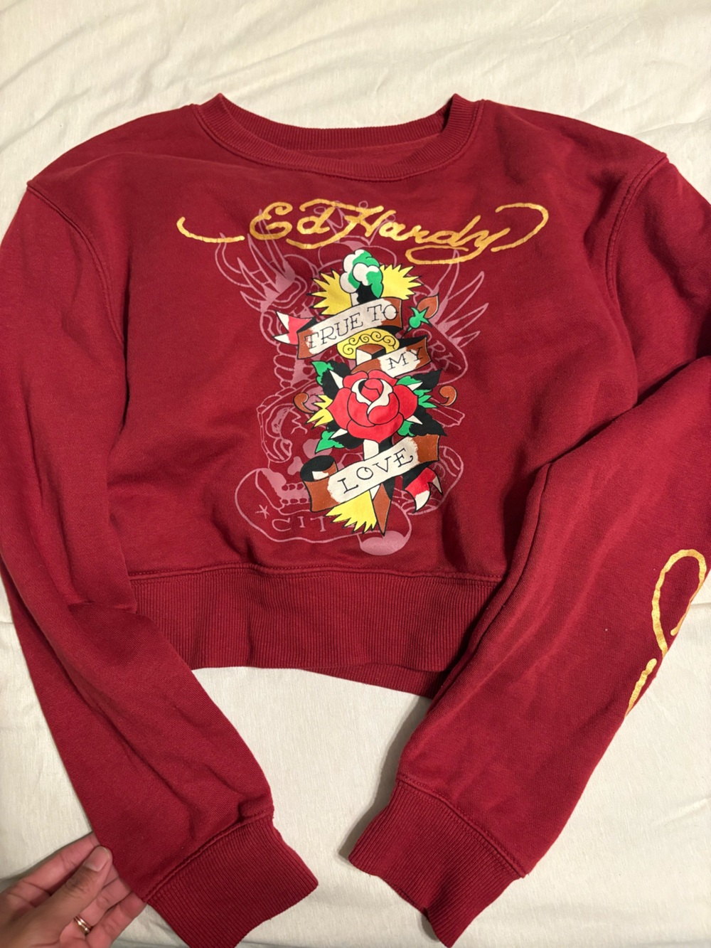 Ed Hardy Red Pullover with Gold and Green Tattoo Graphic